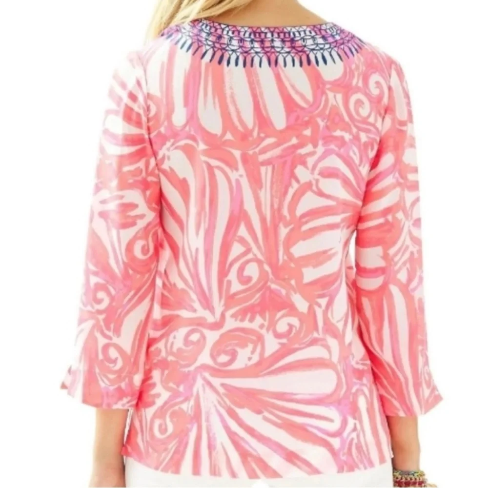 LILLY PULITZER Amelia Island Silk Tunic Pink Coral Navy Split Neckline Sz Small - Picture 10 of 10